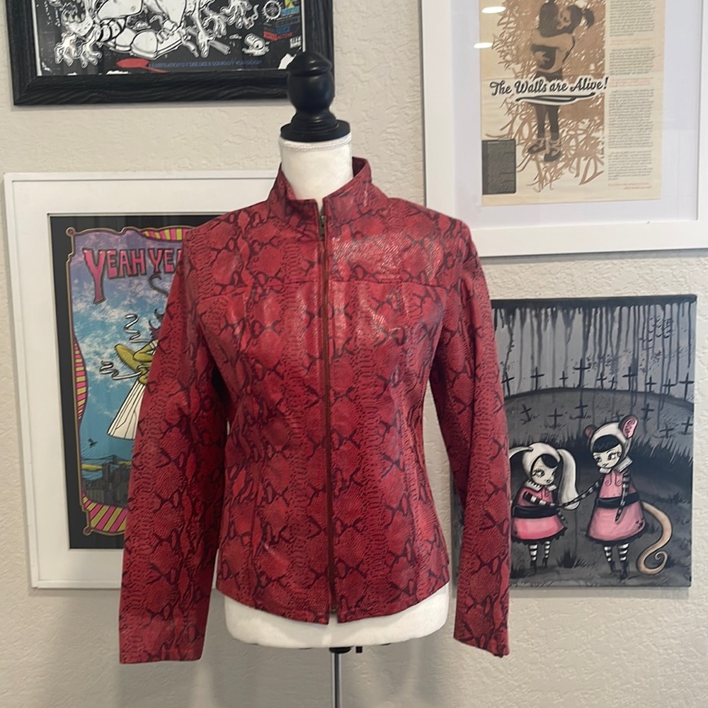 Vintage 90's Red Leather Snake Print Fitted Jacked